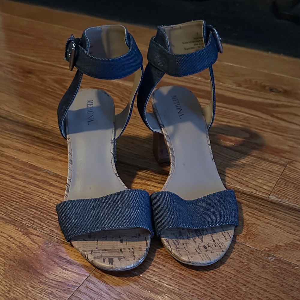 Merona Navy Denim Cork-Accent Ankle-Strap Heels
